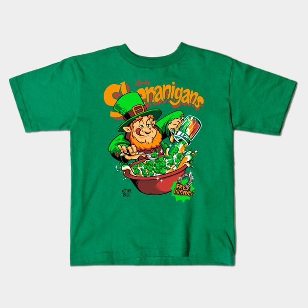 Shenanigans Lucky Leprechaun Retro Cereal Box St. Patrick's Day Kids T-Shirt by vo_maria